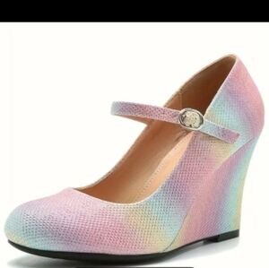 NWB Rainbow Glitter Mary Jane Wedges Sz 10.5